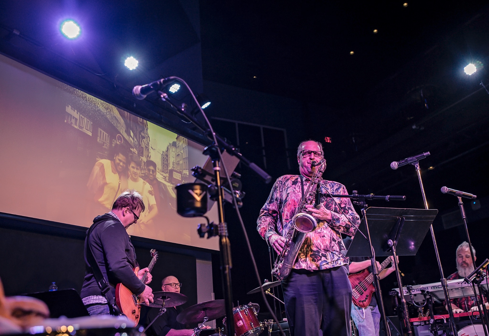 Brian Gorrell performing on tenor saxophone with his band
